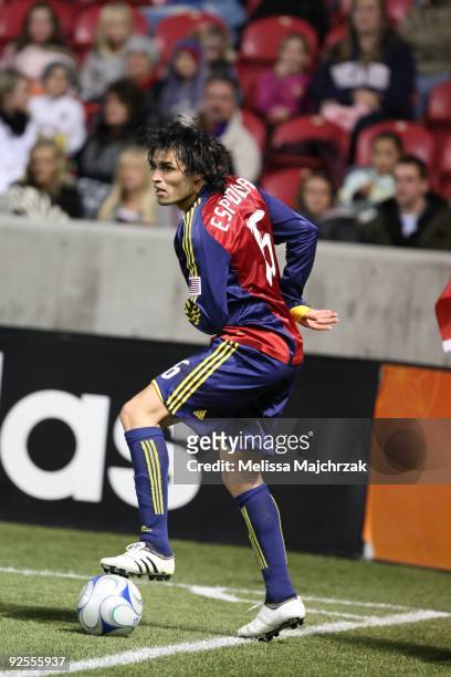 Fabian Espindola of Real Salt Lake dribbles the ball against the Colorado Rapids at Rio Tinto Stadium on October 24, 2009 in Sandy, Utah.
