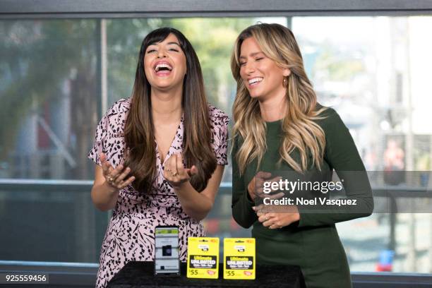 Hannah Simone and Renee Bargh visit "Extra" at Universal Studios Hollywood on February 28, 2018 in Universal City, California.