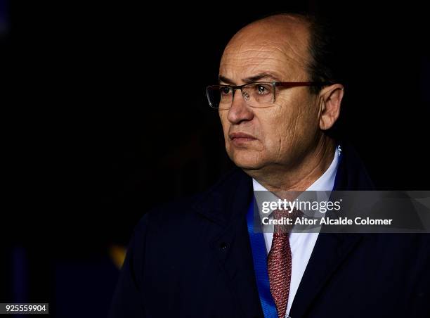 President of Sevilla FC Pepe Castro looks on during the La Liga match between Malaga and Sevilla at Estadio La Rosaleda on February 28, 2018 in...