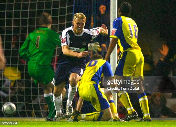 Lee Barnard of Southend United celebrates scoring the winning goal during the Coca-Cola Football League One match between Southend United and...