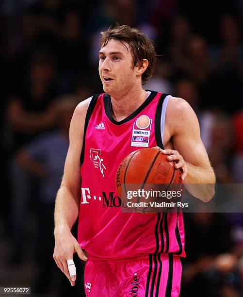 Johannes Strasser of Baskets in action during the Beko Basketball Bundesliga game between Telekom Baskets and Alba Berlin at Telekom Dome on October...