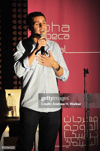 Comedian Dean Obeidallah performs onstage at Comedy Night at the W Hotel Doha during the 2009 Doha Tribeca Film Festival on October 30, 2009 in Doha,...