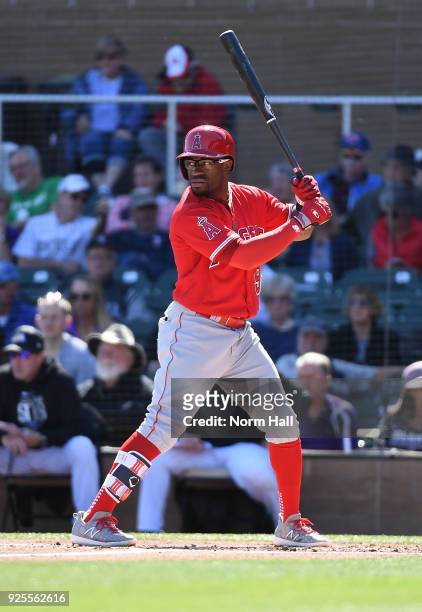 Eric Young Jr of the Los Angeles Angels of Anaheim gets ready in the batters box against the Colorado Rockies at Salt River Fields at Talking Stick...