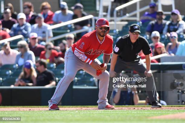 Rene Rivera of the Los Angeles Angels of Anaheim takes a lead from first base against the Colorado Rockies at Salt River Fields at Talking Stick on...