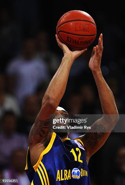 Rashad Wright of Alba shoots during the Beko Basketball Bundesliga game between Telekom Baskets and Alba Berlin at Telekom Dome on October 30, 2009...