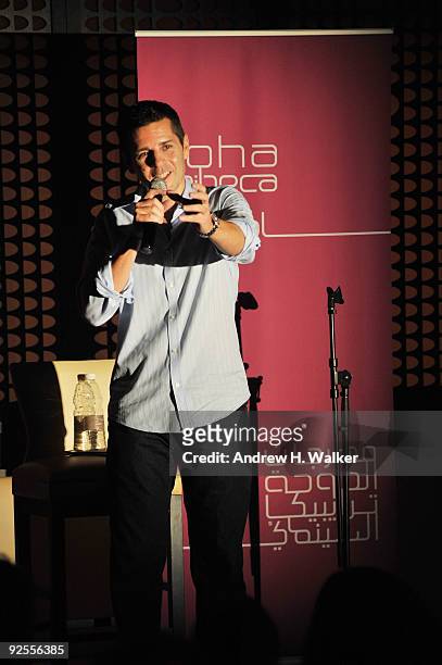 Comedian Dean Obeidallah performs onstage at Comedy Night at the W Hotel Doha during the 2009 Doha Tribeca Film Festival on October 30, 2009 in Doha,...