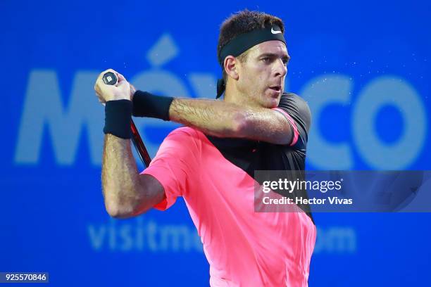 Juan Martin del Potro of Argentina takes a backhand shot during a match between Juan Martin del Potro of Argentina and Mischa Zverev of Germany as...