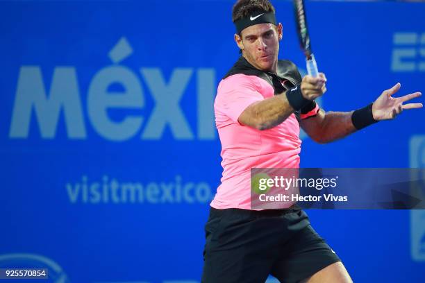 Juan Martin del Potro of Argentina takes a forehand shot during a match between Juan Martin del Potro of Argentina and Mischa Zverev of Germany as...