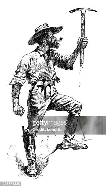 gold rush prospector hält eine spitzhacke - spitzhacke stock-grafiken, -clipart, -cartoons und -symbole