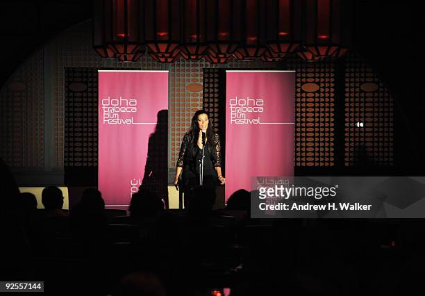 Comedian Maysoon Zayid performs onstage at Comedy Night at the W Hotel Doha during the 2009 Doha Tribeca Film Festival on October 30, 2009 in Doha,...