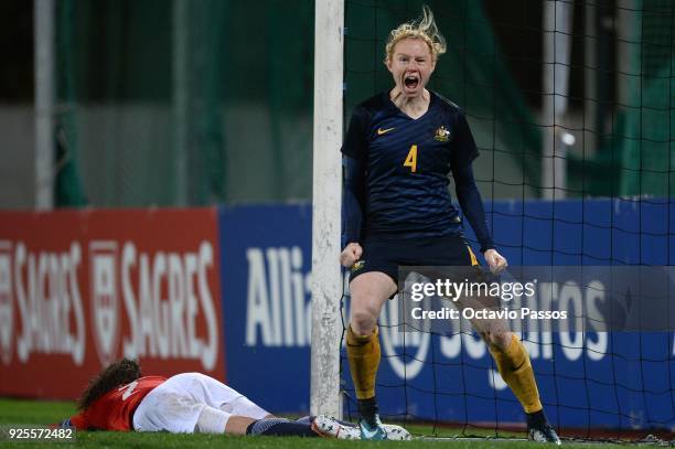 Clare Polkinghorne of Australia celebrates after scores the fourth goal during the Women's Algarve Cup Tournament match between Norway and Australia...