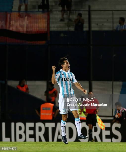 Augusto Solari of Racing celebrates after scoring the fourth goal of his team during a Group E match between Racing Club and Cruzeiro as part of Copa...