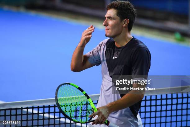 Ernesto Escobedo of United States celebrates after winning a match against Jack Sock of United States as part of the Telcel Mexican Open 2018 at...