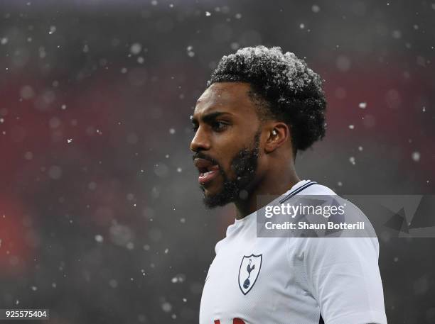 Danny Rose of Tottenham Hotspur looks on as the snow falls during the Emirates FA Cup Fifth Round Replay match between Tottenham Hotspur and Rochdale...