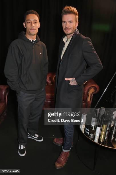 Loyle Carner and David Beckham attend the global launch of new grooming brand 'HOUSE 99 by David Beckham' at Electrowerkz on February 28, 2018 in...