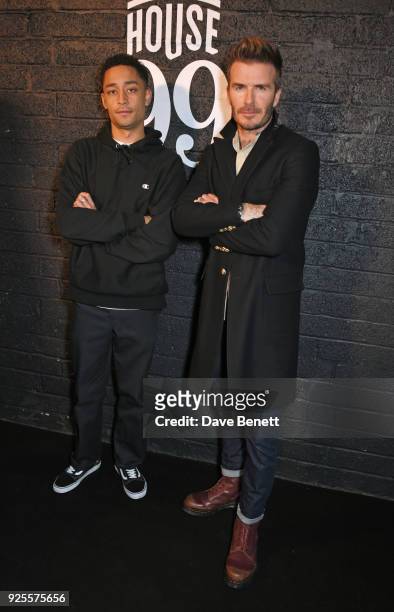 Loyle Carner and David Beckham attend the global launch of new grooming brand 'HOUSE 99 by David Beckham' at Electrowerkz on February 28, 2018 in...