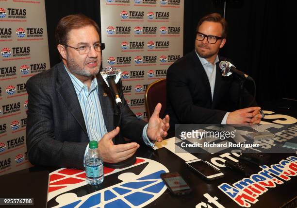 President of Texas Motor Speedway Eddie Gossage and Marcus Smith COO of Speedway Motorsports, answer questions from the media during Media Day at...