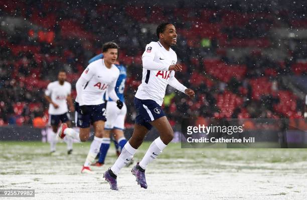 Kyle Walker-Peters of Tottenham celebrates after scoring his team's sixth goal during The Emirates FA Cup Fifth Round Replay match between Tottenham...