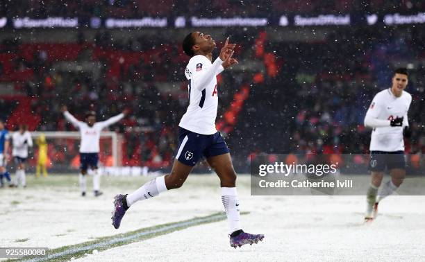 Kyle Walker-Peters of Tottenham celebrates after scoring his team's sixth goal during The Emirates FA Cup Fifth Round Replay match between Tottenham...