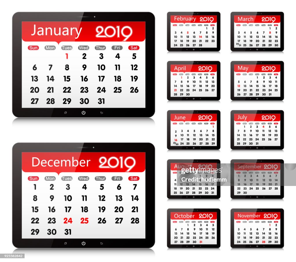Vector year of 2019 calendar in digital tablet PC isolated on white background