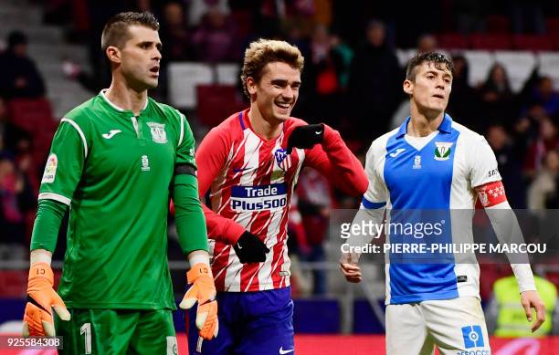 Atletico Madrid's French forward Antoine Griezmann celebrates his fourth goal during the Spanish league football match Club Atletico de Madrid...