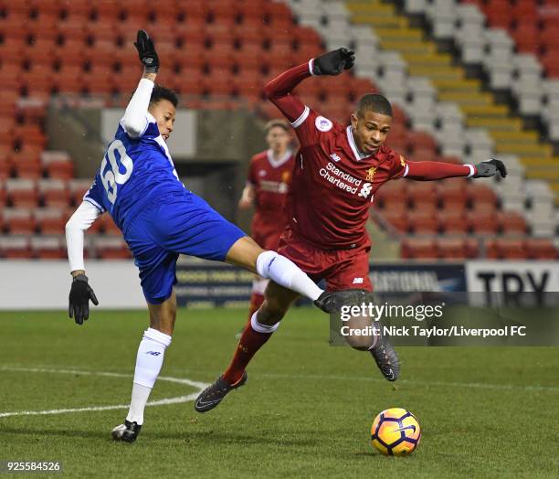 Elijah Dixon-Bonner of Liverpool and Luiz Palhares of Porto in action during the Liverpool v Porto Premier League International Cup game at Leigh...