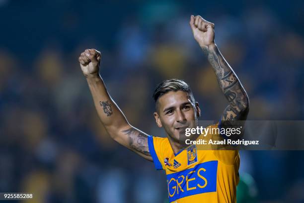 Ismael Sosa of Tigres celebrates after scoring the third goal of his team during the second leg match between Tigres UANL and Herediano as part of...