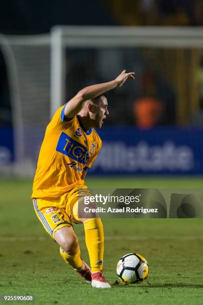 Israel Jimenez of Tigres controls the ball during the second leg match between Tigres UANL and Herediano as part of round of 16 of the CONCACAF...