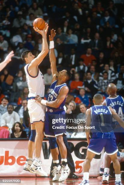 Gheorghe Muresan of the Washington Bullets shoots over Alonzo Mourning of the Charlotte Hornets during an NBA basketball game circa 1995 at the US...