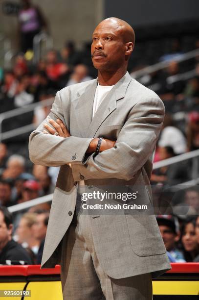 Head coach Byron Scott of the New Orleans Hornets looks on during the preseason game against the Los Angeles Clippers on October 23, 2009 at Staples...