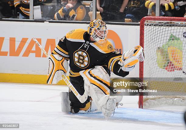 Tim Thomas of the Boston Bruins during warm-ups against the New Jersey Devils at the TD Garden on October 29, 2009 in Boston, Massachusetts.