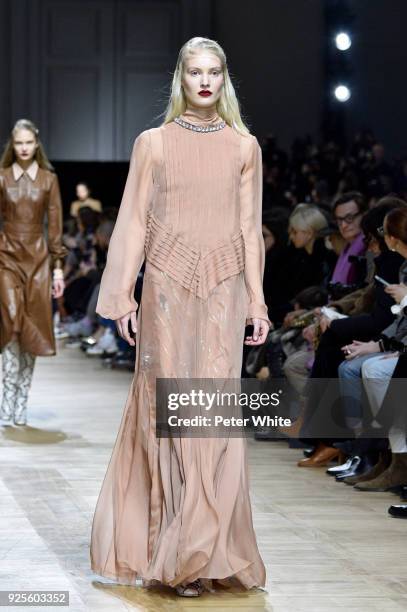 Model walks the runway during the Rochas show as part of the Paris Fashion Week Womenswear Fall/Winter 2018/2019 on February 28, 2018 in Paris,...