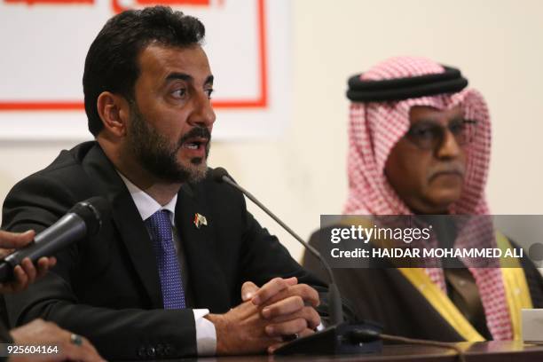 Iraq's Minister of Youth and Sports Abdul-Hussein Abtaan speaks during a press conference with President of the Asian Football Confederation Sheikh...