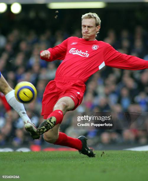 Sami Hyypia of Liverpool in action during the Barclays Premiership match between Chelsea and Liverpool at Stamford Bridge in London on February 5,...