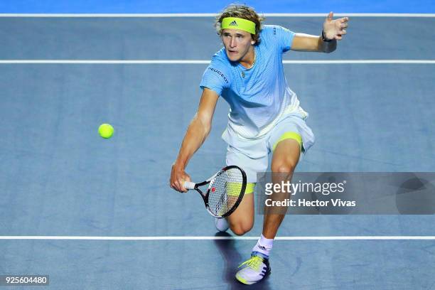 Alexander Zverev of Germany takes a backhand shot during a match between Steve Johnson of United States and Alexander Zverev of Germany as part of...