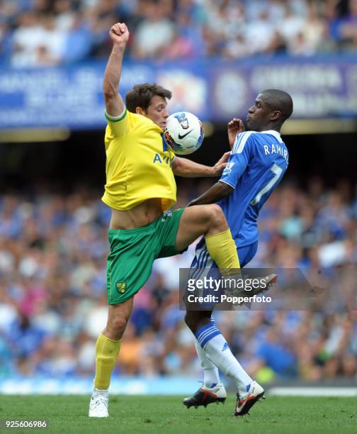 Ramires of Chelsea and Wes Hoolahan of Norwich City in action during the Barclays Premier League match between Chelsea and Norwich City at Stamford...