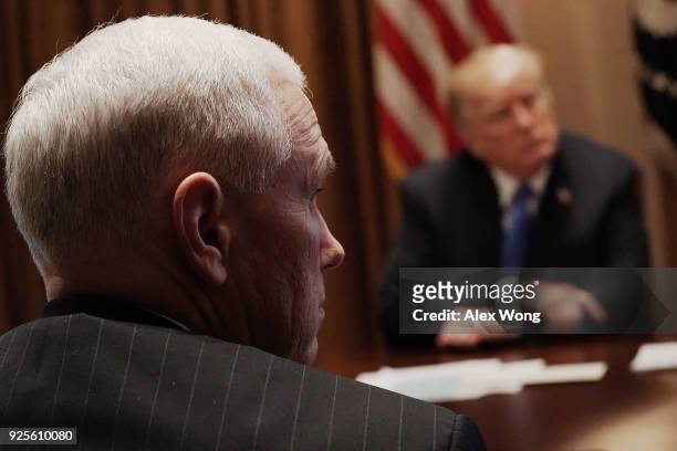 President Donald Trump and Vice President Mike Pence listen during a meeting with bipartisan members of the Congress at the Cabinet Room of the White...