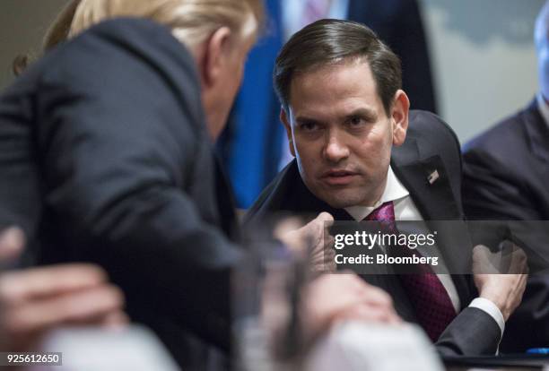 Senator Marco Rubio, a Republican from Florida, right, speaks to U.S. President Donald Trump during a meeting with bipartisan members of Congress to...