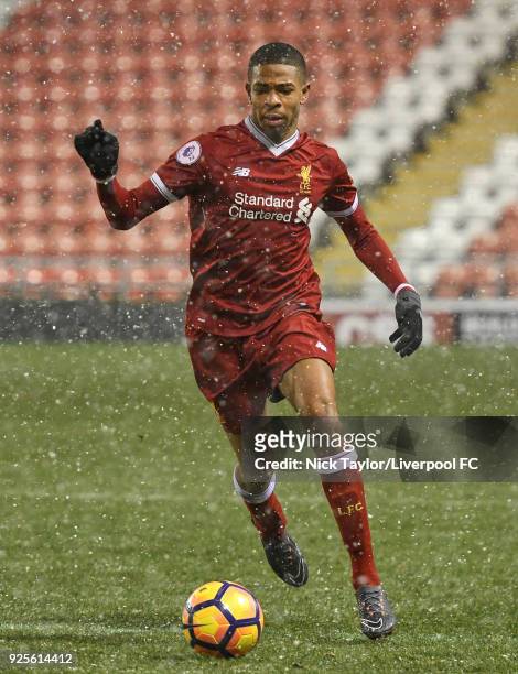 Elijah Dixon-Bonner of Liverpool in action during the Liverpool v Porto Premier League International Cup game at Leigh Sports Village on February 28,...