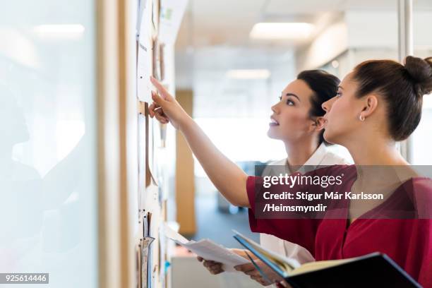 weiblichen kolleginnen und kollegen diskutieren über notizen im büro - cork board stock-fotos und bilder