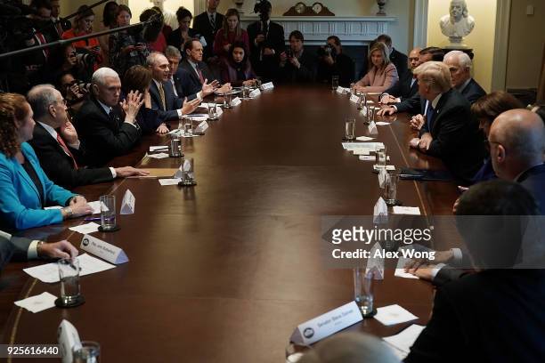 House Majority Whip Rep. Steve Scalise speaks during a meeting with President Donald Trump at the Cabinet Room of the White House February 28, 2018...