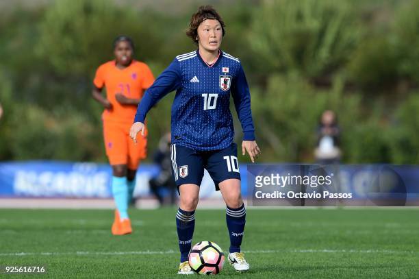 Mizuho Sakaguchi of Japan in action during the Women's Algarve Cup Tournament match between Japan and Holland at Municipal Bellavista on February 28,...