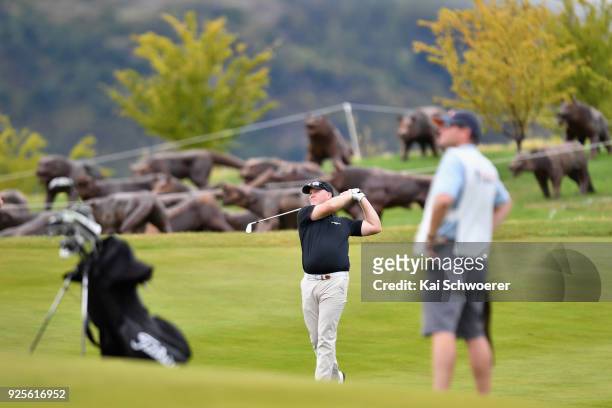 Marcus Fraser of Australia plays a shot during day one of the ISPS Handa New Zealand Golf Open at The Hills Golf Club on March 1, 2018 in Queenstown,...