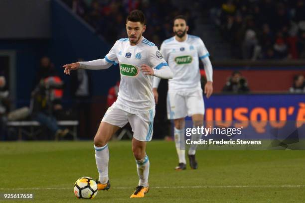 Morgan Sanson of Olympique Marseille runs with the ball during the French cup match between Paris Saint Germain and Olympique Marseille at Parc des...