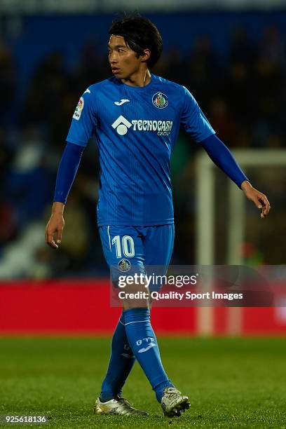 Gaku Shibasaki of Getafe looks on during the La Liga match between Getafe and Deportivo La Coruna at Coliseum Alfonso Perez on February 28, 2018 in...