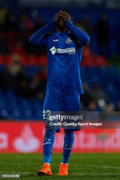 Amath Ndiaye of Getafe reacts during the La Liga match between Getafe and Deportivo La Coruna at Coliseum Alfonso Perez on February 28, 2018 in...