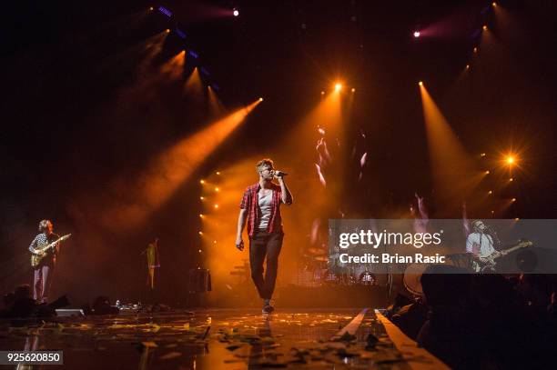 Wayne Sermon, Daniel Platzman, Dan Reynolds and Ben McKee of Imagine Dragons perform live on stage at The O2 Arena on February 28, 2018 in London,...