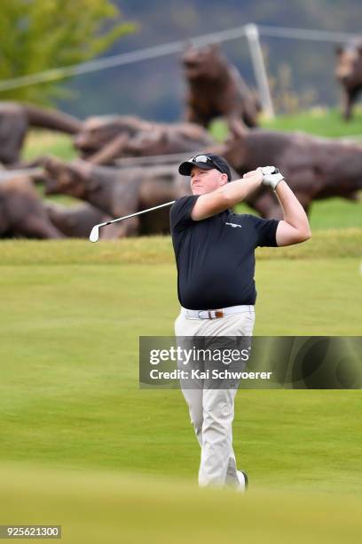 Marcus Fraser of Australia plays a shot during day one of the ISPS Handa New Zealand Golf Open at The Hills Golf Club on March 1, 2018 in Queenstown,...