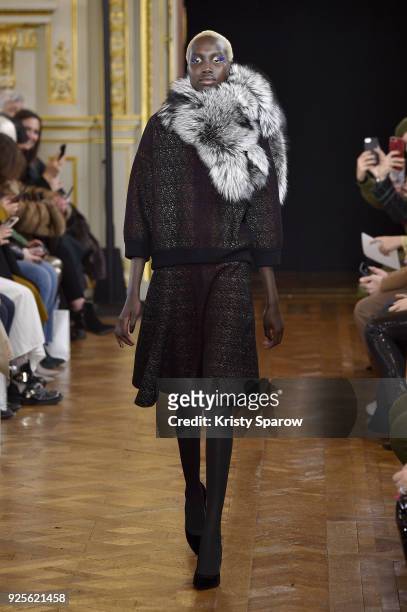 Model walks the runway during the Ingie show as part of the Paris Fashion Week Womenswear Fall/Winter 2018/2019 on February 28, 2018 in Paris, France.