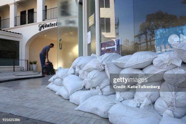 February 28, 2018: Sandbags line part of the Montecito Inn, which was damaged by the mudslide.